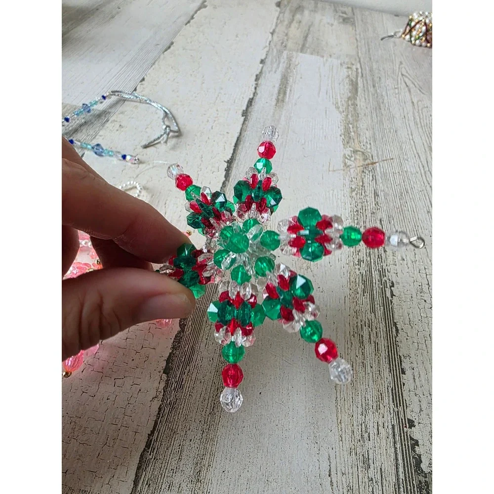 Vintage beaded star ornament pink blue Xmas tree pearls